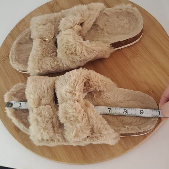 Fitory Faux Rabbit Fur Open Toe Slippers Cork Slide Sandals Beige Women's Size 7 - Picture 8 of 8